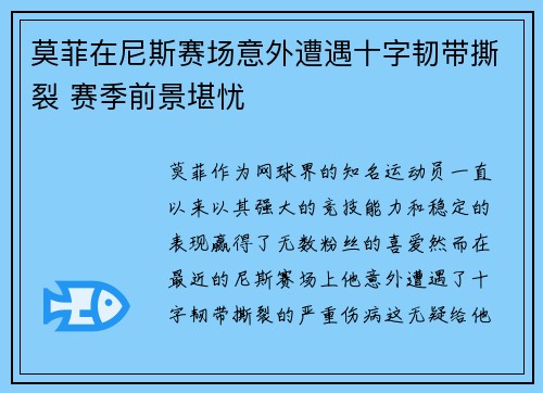 莫菲在尼斯赛场意外遭遇十字韧带撕裂 赛季前景堪忧