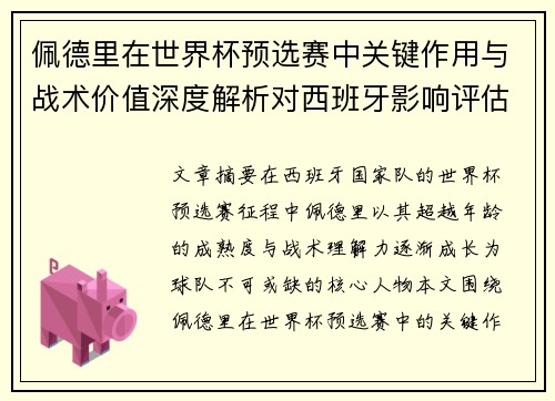 佩德里在世界杯预选赛中关键作用与战术价值深度解析对西班牙影响评估